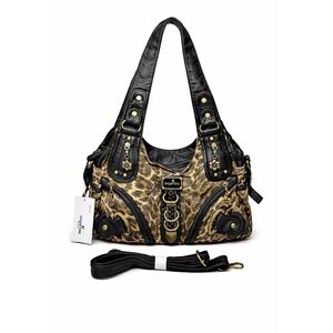 Angel Kiss Leopard Print Hobo Shoulder Bag Studded Multi Pocket Faux Leather
